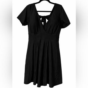 NW Elegant Black Dress One Piece Bathing Suite with Tie Detail & Sleeves Size 3X